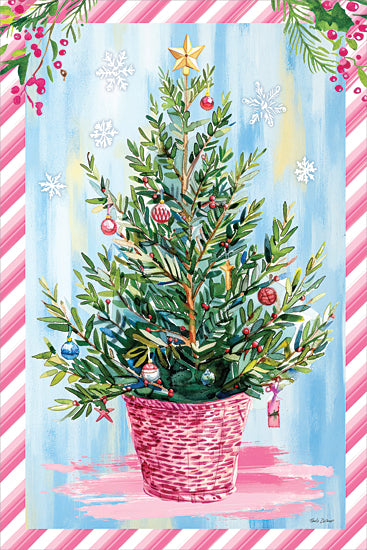 Nicole DeCamp ND951 - ND951 - Touch of Pink Christmas Tree - 12x18 holidays & seasonal, botanical, backgrounds & patterns, christmas, winter, trees, christmas tree, ornaments, snowflakes, berries, star, pink pot, whimsical, painterly, watercolor, multicolor from Penny Lane