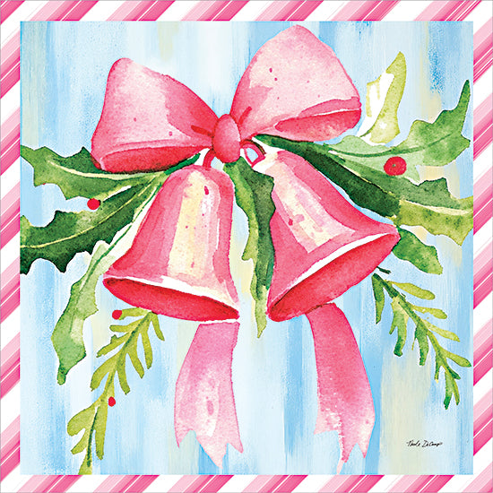 Nicole DeCamp ND952 - ND952 - Pink Christmas Bells - 12x12 holidays & seasonal, botanical, backgrounds & patterns, symbols & icons, christmas, greenery, bells, bow, holly, berries, striped, decorative, whimsical, watercolor, pink from Penny Lane