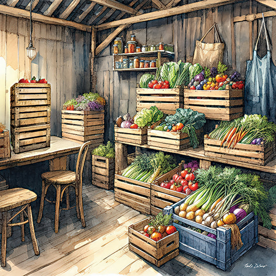 Nicole DeCamp ND956 - ND956 - Produce in Barn - 12x12 farmers market interior, crates of vegetables, rustic shed, fresh produce, country kitchen aesthetic from Penny Lane