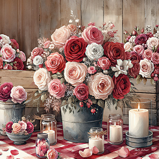 Nicole DeCamp ND957 - ND957 - Valentine Tablescape - 12x12 rose arrangement in buckets, romantic floral still life, candles, rustic table, feminine decor from Penny Lane