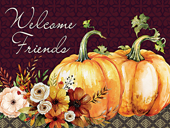 Nicole DeCamp ND975 - ND975 - Welcome Friends Fall Floral and Pumpkins - 16x12 welcome friends sign, pumpkins and flowers, fall harvest art, rustic autumn typography, farmhouse seasonal decor from Penny Lane