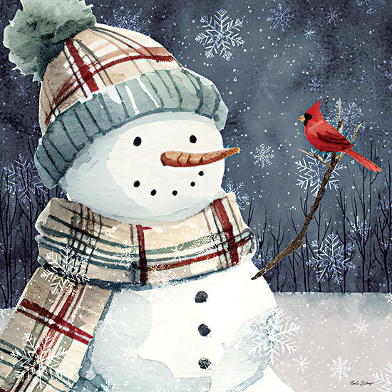 Nicole DeCamp ND993 - ND993 - Christmas Snowman with Cardinal II - 12x12 snowman, cardinal bird, beanie hat, plaid scarf, snowy forest, snowflakes, winter art, cozy illustration, Christmas scene, cheerful snowman from Penny Lane