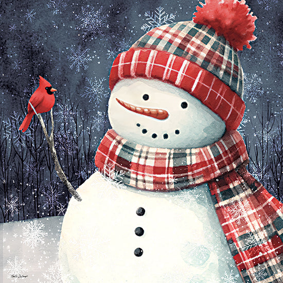 Nicole DeCamp ND994 - ND994 - Christmas Snowman with Cardinal III - 12x12 snowman, red beanie hat, plaid scarf, cardinal bird, snowy landscape, snowflakes, smiling snowman, festive illustration, holiday cheer, Christmas art from Penny Lane