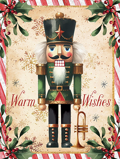 Nicole DeCamp ND997 - ND997 - Warm Wishes Nutcracker - 12x16 nutcracker, Christmas soldier, trombone, holly berries, candy cane border, festive message, warm wishes, traditional Christmas decor from Penny Lane