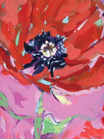 Painting Paige PP122 - PP122 - August Birth Flower - 12x16 red poppy close-up, black blue center, vivid scarlet petals, pink background, bold floral macro, expressive impasto, high-contrast bloom, contemporary botanical art, energetic brush strokes, statement flower painting from Penny Lane