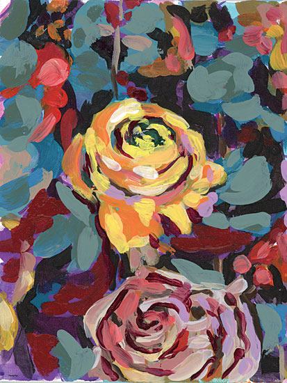 Painting Paige PP127 - PP127 - Golden Rose - 12x16 yellow ranunculus, blush rose, dark leafy background, dramatic floral pair, rich jewel tones, expressive acrylic brushwork, romantic garden painting, contemporary still life feel, moody botanical art, colorful feminine decor from Penny Lane