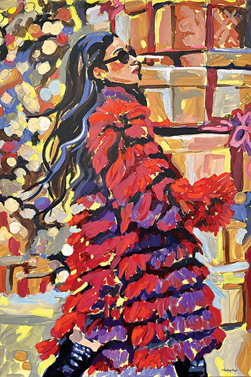 Painting Paige PP136 - PP136 - Chic Shopper - 12x16 stylish woman in red ruffle coat, sunglasses, fashion illustration, glamorous city scene, boutique window lights, holiday shopping vibe, long dark hair, feminine figure, statement outerwear, modern chic, bold red and purple palette, expressive brushwork, contemporary figurative art, stylish decor, fashion-forward portrait from Penny Lane