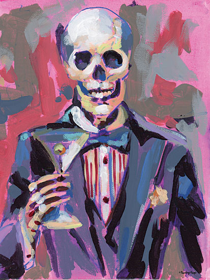Painting Paige PP151 - PP151 - Mr. Skele-Tini - 12x16 skeleton gentleman, tuxedo, martini glass, cocktail hour, pink background, humorous Halloween art, dapper skull portrait, bow tie, party decor, spooky sophistication, playful macabre, masculine figure, festive bar art, contemporary painterly style, textured brushwork, whimsical skeleton painting from Penny Lane