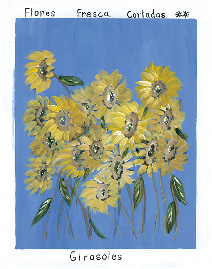 Roey Ebert REAR452 - REAR452 - Girasoles - 12x16 flores fresca cortadas girasoles, spanish flower market sign, sunflower bouquet, yellow sunflowers, cobalt blue field, rustic hand lettering, fresh cut flowers, folk art floral, painterly petals, farmhouse decor, botanical sign art, cheerful summer blooms, green leaves, white border from Penny Lane