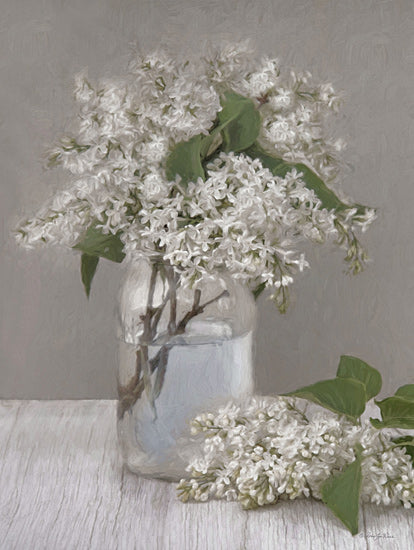 Robin-Lee Vieira RLV751 - RLV751 - May Lilacs - 12x16 white lilacs, green leaves, water-filled mason jar, rustic background, soft textures, delicate bouquet from Penny Lane