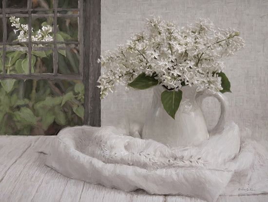 Robin-Lee Vieira RLV752 - RLV752 - Fresh Lilacs - 16x12 white lilacs, ceramic jug, linen cloth, vintage window view, natural light, floral arrangement, cottage style from Penny Lane