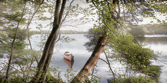 Robin-Lee Vieira RLV754 - RLV754 - Misty Lake - 18x9 canoe on lake, calm water, woodland shoreline, framed by trees, peaceful landscape, morning haze, reflective water, outdoor adventure, lake lodge vibe, rustic nature scene, scenic photography, transportation, rowing boat, tranquil, summer serenity from Penny Lane