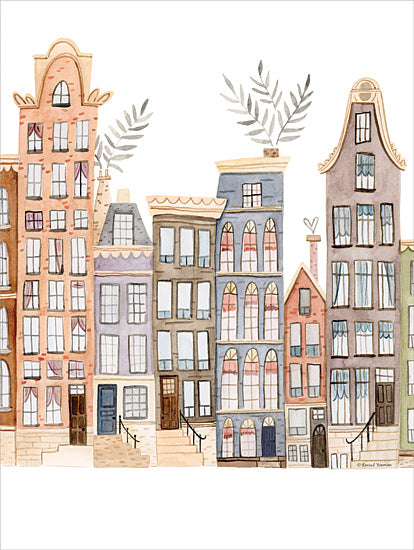 Rachel Nieman RN647 - RN647 - City Livin' - 12x16 travel, home spaces, botanical, architecture, city, places & cities, leaves, greenery, row houses, townhouses, street scene, urban, whimsical, decorative, watercolor, multicolor from Penny Lane