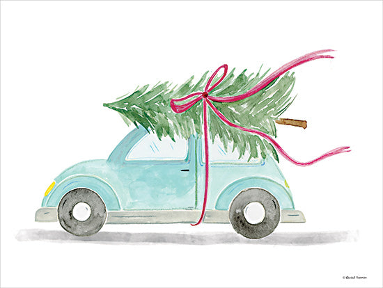 Rachel Nieman RN651 - RN651 - Vintage Car for Christmas - 16x12 Christmas, Holidays, Car, Blue Car, Tree, Christmas Tree, Red Ribbon, Vintage from Penny Lane