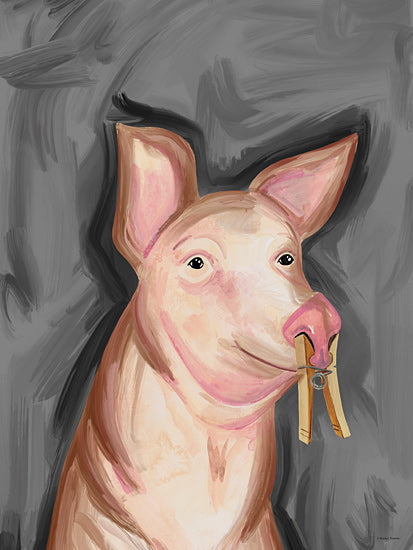 Rachel Nieman RN659 - RN659 - Stinky Pig - 12x16 whimsical pig portrait, pig holding clothespin, humorous farm animal art, playful painterly animal illustration from Penny Lane