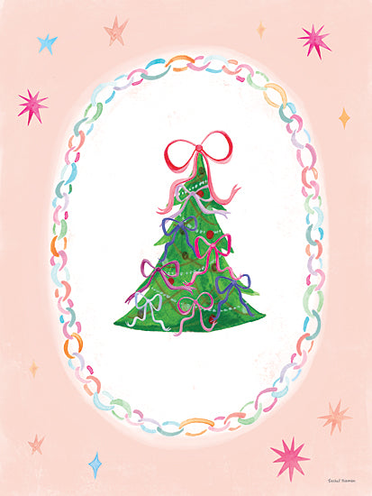 Rachel Nieman RN771 - RN771 - Whimsy Christmas Tree    Predailys - 12x16 Christmas tree, bows decoration, pastel art, pink background, festive chain border, holiday illustration, whimsical style from Penny Lane