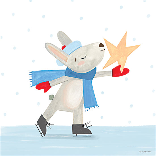 Rachel Nieman RN775 - RN775 - Ice Skating Bunny  Predailys - 12x12 ice skating bunny, winter illustration, whimsical animal, star, snowy background, pastel art, Christmas theme, children’s artwork from Penny Lane