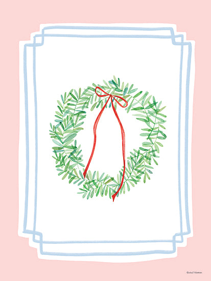 Rachel Nieman RN784 - RN784 - Whimsy Wreath - 12x16 Christmas wreath, red ribbon, watercolor holiday design, evergreen leaves, festive decor, green wreath, minimalist holiday art, seasonal illustration, decorative print, pastel background from Penny Lane