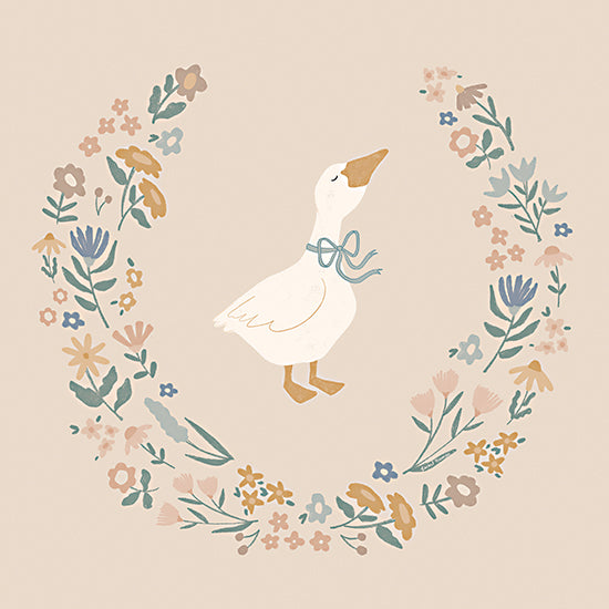 Rachel Nieman RN791 - RN791 - Flower Goose - 12x12 animals, botanical, juvenile, birds, children, floral, greenery, goose, wreath, ribbon, nursery, whimsical, decorative, digital illustration, neutral from Penny Lane