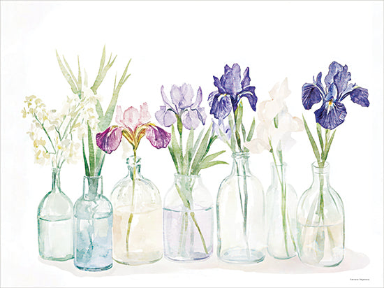 Svetlana Aleinikova SA213 - SA213 - Wild Iris Garden - 16x12 irises in glass bottles, watercolor still life, purple blue iris blooms, botanical arrangement, row of vintage bottles, delicate floral study, airy white background, spring flowers, translucent glass vessels, fresh cut garden blooms, feminine floral decor, soft pastel botanical art from Penny Lane