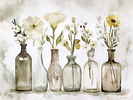 Svetlana Aleinikova SA215 - SA215 - Floral Reflections - 16x12 glass bottles flowers watercolor, botanical arrangement, vintage bottle still life, soft green palette, wildflowers in bottles, rustic floral decor, cottage style botanical art from Penny Lane