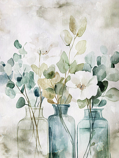 Svetlana Aleinikova SA216 - SA216 - Watercolor Serenity - 12x16 white flowers and eucalyptus in glass jars, watercolor botanical still life, green foliage, translucent bottles, soft sage palette, airy floral arrangement, delicate blossoms, fresh cut stems, minimalist nature art, serene neutral decor, painterly wash background, botanical home decor from Penny Lane