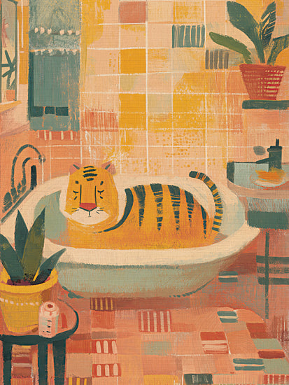 Svetlana Aleinikova SA275 - SA275 - Tiger's Oasis - 12x16 whimsical tiger, bathtub scene, bathroom decor, warm palette, playful art, modern folk art style, cozy setting, patterned tiles, humor in art from Penny Lane