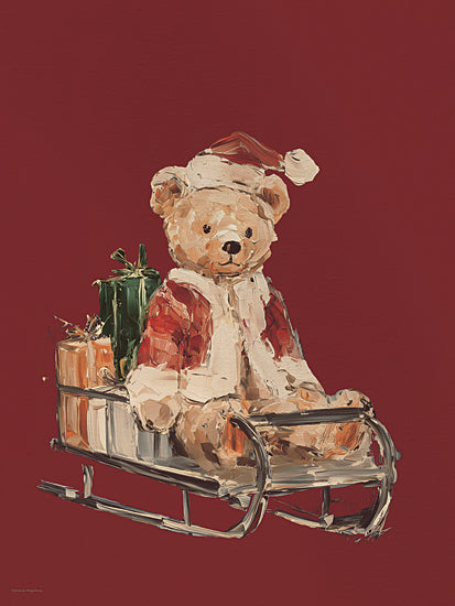 Svetlana Aleinikova SA528 - SA528 - Holiday Delivery - 12x16 teddy bear, santa costume, sleigh, presents, christmas art, holiday decor, festive, oil painting, brush strokes, whimsical bear, red background, gifts from Penny Lane