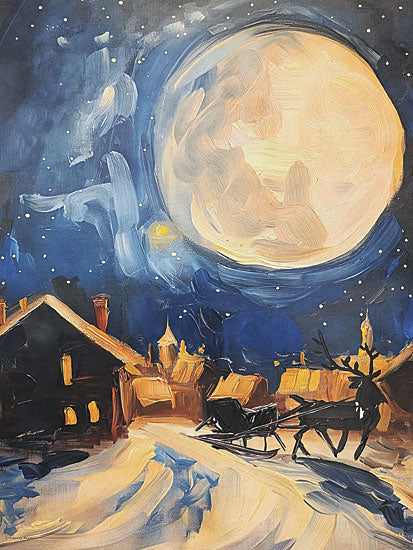 Svetlana Aleinikova SA548 - SA548 - Moonlit Sleigh Ride - 12x16 winter village, full moon, horse drawn sleigh, reindeer silhouette, snowy rooftops, midnight blue sky, stars, glowing windows, Christmas night, moonlit town, folk village, holiday sleigh ride, cozy winter scene, painterly brush strokes, whimsical seasonal art from Penny Lane