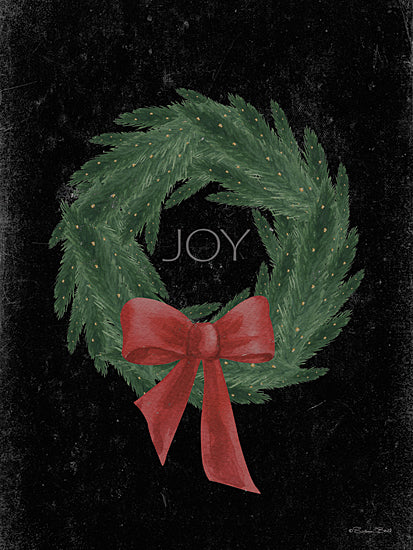 Susan Ball SB1570 - SB1570 - Joy Wreath - 12x16 holidays & seasonal, botanical, typography, christmas, winter, greenery, wreath, evergreen, pine, ribbon, red bow, festive, decorative, vintage, digital illustration, black from Penny Lane