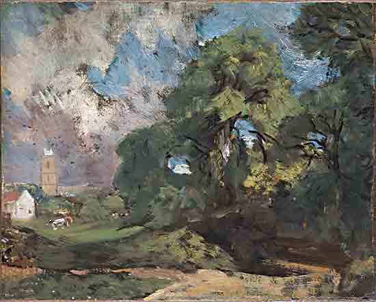 Stellar Design Studio SDS1496 - SDS1496 - Stoke by Nayland - 16x12 trees, countryside, cows, church, green, expressive, rural life, moody sky, natural landscape, classic brushwork from Penny Lane