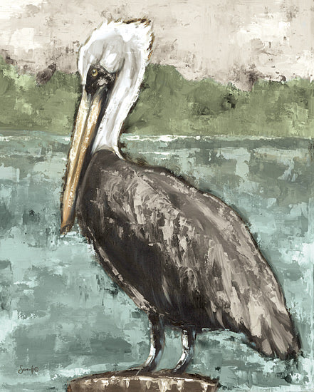 Sara G. Designs SGD280 - SGD280 - Perched Pelican - 12x16 pelican painting, coastal bird art, marine wildlife, tropical water background, painterly brush texture, realistic animal portrait from Penny Lane
