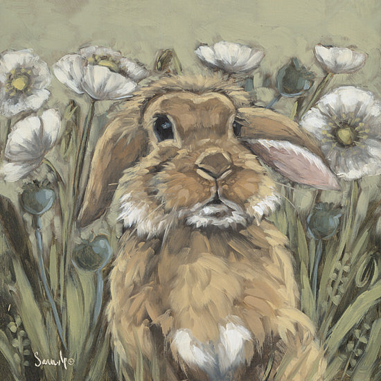 Sara G. Designs SGD301 - SGD301 - In the Poppy Fields - 12x12 baby bunny, flowers, one ear up, cute expression, green field, poppies, innocence from Penny Lane