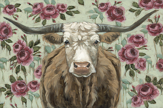 Sara G. Designs SGD335 - SGD335 - Dripping in Roses - 18x12 Longhorn cow with floral rose background, rustic and elegant fusion, vintage western theme, farmhouse charm from Penny Lane