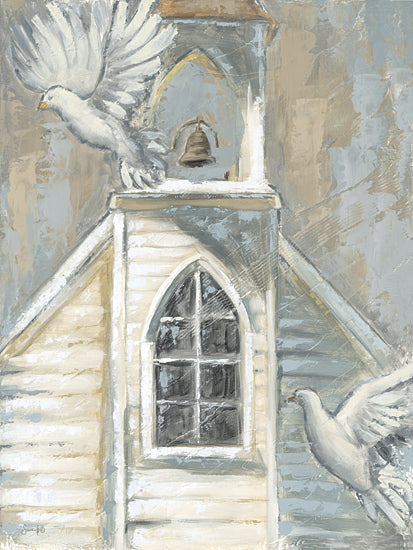 Sara G. Designs SGD343 - SGD343 - Flight of Hope - 12x16 church with doves, white birds flying, bell tower, religious symbol, pastel tones, peaceful, rustic architecture, painted sky from Penny Lane
