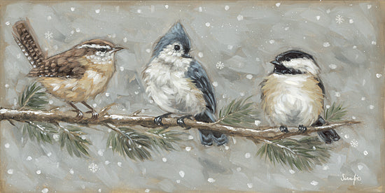 Sara G. Designs SGD345 - SGD345 - Snowy Trio - 18x9 Three birds perched on snowy pine branch, snowflakes falling, winter wildlife scene, charming and serene from Penny Lane