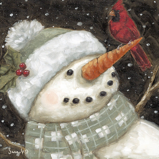 Sara G. Designs SGD346 - SGD346 - Scarlet Serenade - 12x12 snowman, carrot nose, black coal eyes, green scarf, pom-pom hat, red cardinal bird, holly berries, falling snow, winter night, whimsy, holiday spirit, cozy winter, painted illustration from Penny Lane