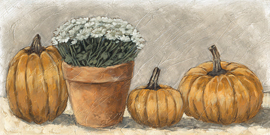Sara G. Designs SGD396 - SGD396 - Flower Pot and Pumpkins II - 18x9 pumpkin still life, orange gourds, white flowers, terracotta pot, autumn harvest, rustic farmhouse decor, neutral plaster texture, Thanksgiving centerpiece, cozy fall painting, seasonal vegetables from Penny Lane