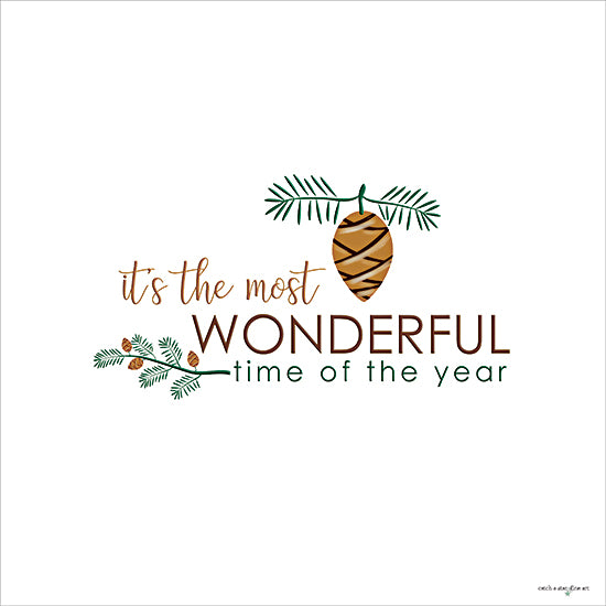 Catch A Star Fine Art STAR343 - STAR343 - Wonderful Time of the Year - 12x12 holidays & seasonal, botanical, typography, winter, christmas, trees, word art, pine cone, pine needles, festive, holiday cheer, decorative, digital illustration, green from Penny Lane