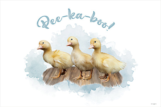 Catch A Star Fine Art STAR344 - STAR344 - Pee-ka-boo Bathroom Ducks - 16x12 Three ducklings illustration, Pee-ka-boo text, cute baby ducks, watercolor splash background, yellow chicks, playful art, nature animals, humorous print from Penny Lane