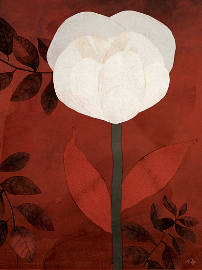 Yass Naffas Designs YND544 - YND544 - Inner Radiance - 12x16 white flower, single bloom, red background, minimalist floral art, modern botanical, contemporary flower painting, bold contrast, stem and leaves, simple composition, elegant blossom, feminine wall art, painterly floral, statement art, rich crimson backdrop, clean graphic style from Penny Lane