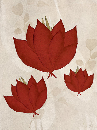Yass Naffas Designs YND545 - YND545 - Floating Petals - 12x16 red floral forms, abstract flowers, tulip-like petals, minimalist botanical art, cream background, modern floral composition, watercolor texture, soft neutral backdrop, contemporary decorative print, feminine red blooms, stylized petals, painterly botanical shapes, elegant simple design, modern wall decor, organic abstraction from Penny Lane