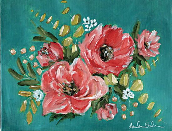 Amanda Hilburn AH114 - AH114 - Unusual Palette - 16x12 Flowers, Red Flowers, Greenery, Cottage/Country, Blue Background from Penny Lane