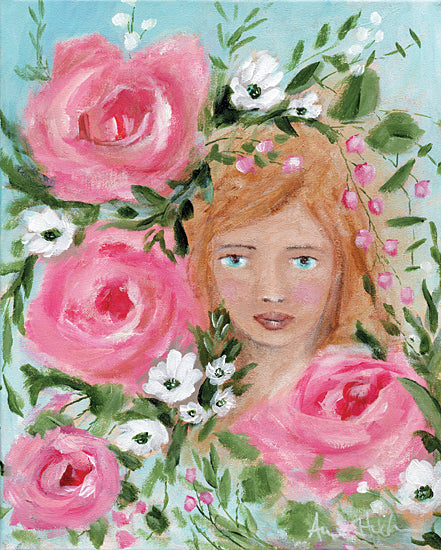 Amanda Hilburn AH116 - AH116 - Rosie Anne - 12x16 Floral Crown, Flowers, Roses, Pink Roses, Spring,  Girl, Woman, Whimsical, Blue Background from Penny Lane