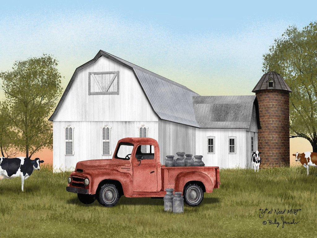 Billy Jacobs BJ1262A - BJ1262A - Yall Need Milk? - 24x18 Barn, White Barn, Farm, Truck, Red Truck, Milk Cans, Dairy Farm, Cows, Folk Art, Landscape from Penny Lane