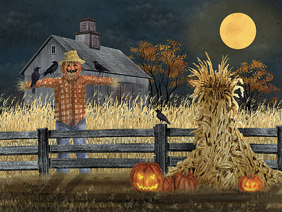 Billy Jacobs BJ1300 - BJ1300 - October Moon - 16x12 Halloween, Fall, Scarecrow, Hay, Farm, Barn, Folk Art, Evening, Night, Moon, Pumpkins, Crows, Hay Field, Trees, Fence, Jack O'Lanterns, Harvest, October Moon, Country from Penny Lane