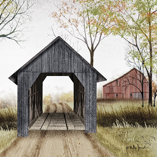 Billy Jacobs BJ1348 - BJ1348 - Bucks County Bridge II - 12x12 Folk Art, Bridge, Covered Bridge, Road, Country Road, Barn, Red Barn, Farm, Farmhouse/Country, Bucks County Bridge from Penny Lane