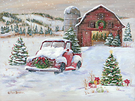 Pam Britton BR518 - BR518 - Snowy Christmas Farm     - 16x12 Christmas, Holidays, Barn, Farm, Folk Art, Winter, Truck, Red Truck, Landscape, Rustic from Penny Lane