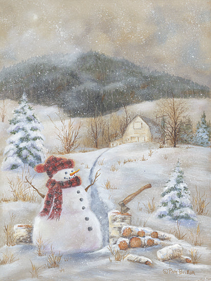 Pam Britton BR549 - BR549 - Snowy Day Fun - 12x16 Snowman, Winter, Landscape, Snow, Path, Mountains, Chopping Wood, Cottage/Country from Penny Lane