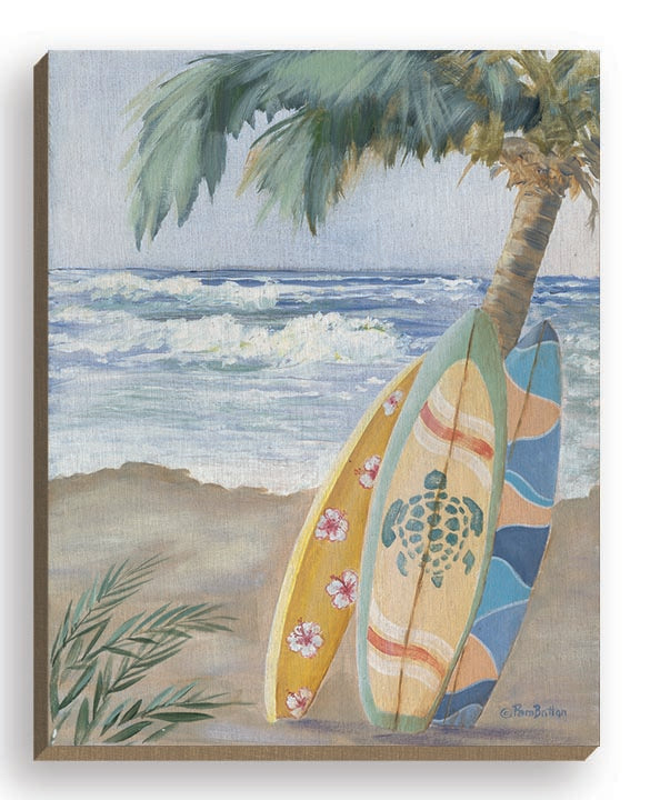 Pam Britton BR597FW - BR597FW - Surf Day II - 16x20 Coastal, Surfboards, Surfing, Ocean, Waves, Trees, Palm Trees, Beach, Leisure, Summer from Penny Lane